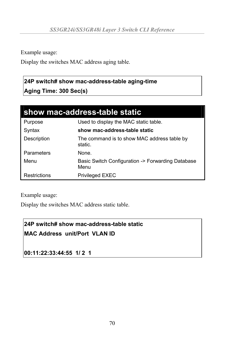 Show mac-address-table static | Amer Networks SS3GR24i User Manual | Page 76 / 154