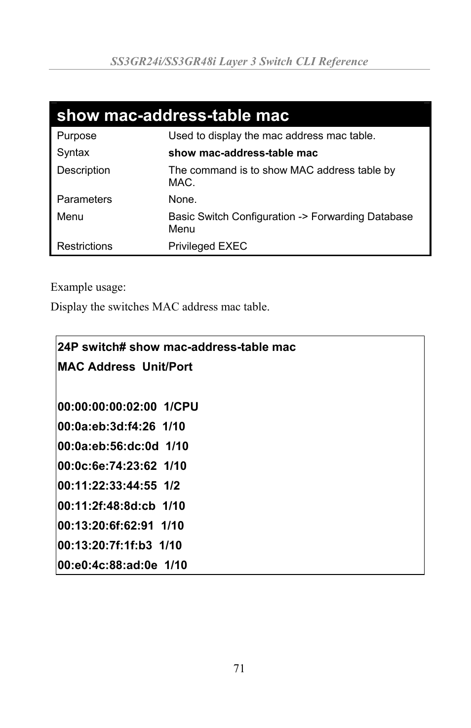 Show mac-address-table mac | Amer Networks SS3GR24i User Manual | Page 77 / 154