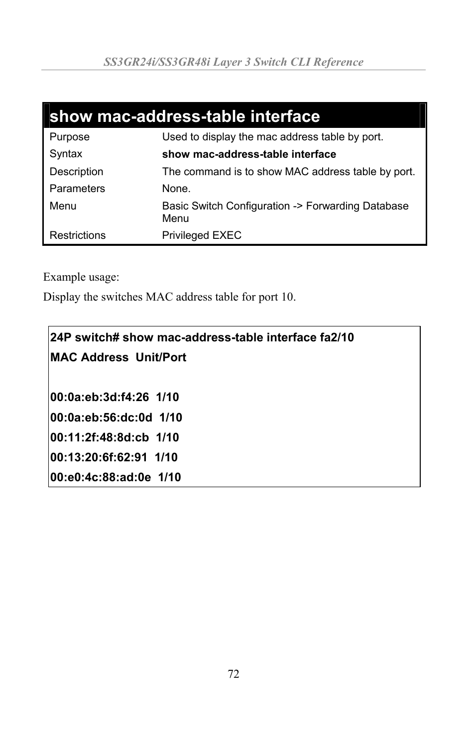 Show mac-address-table interface | Amer Networks SS3GR24i User Manual | Page 78 / 154