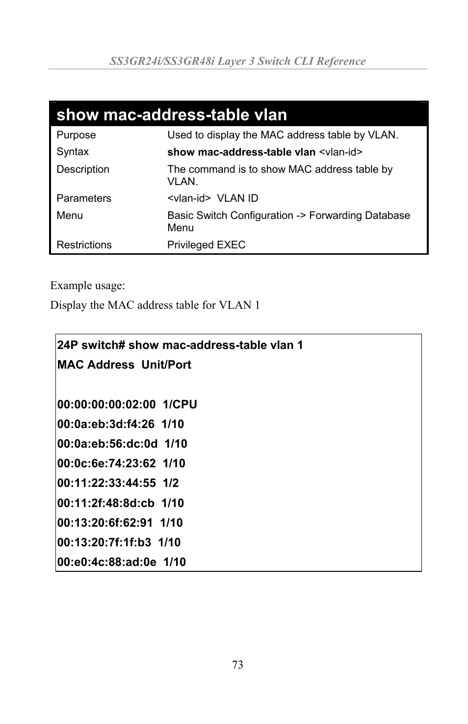 Show mac-address-table vlan | Amer Networks SS3GR24i User Manual | Page 79 / 154