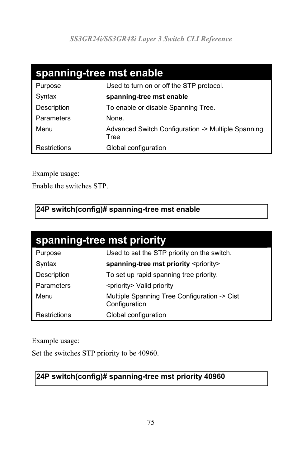 Spanning-tree mst enable, Spanning-tree mst priority | Amer Networks SS3GR24i User Manual | Page 81 / 154