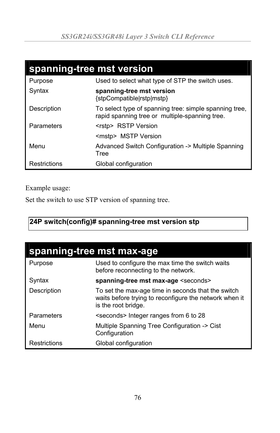 Spanning-tree mst version, Spanning-tree mst max-age | Amer Networks SS3GR24i User Manual | Page 82 / 154