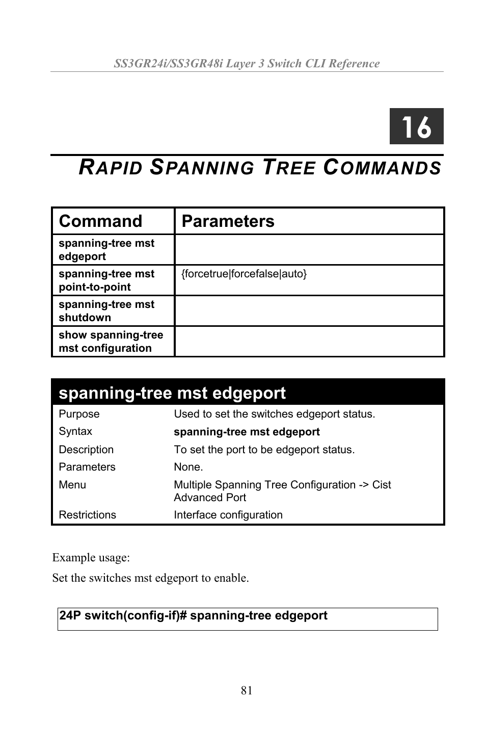 Rapid spanning tree commands, Apid, Panning | Ommands, Command parameters, Spanning-tree mst edgeport | Amer Networks SS3GR24i User Manual | Page 87 / 154