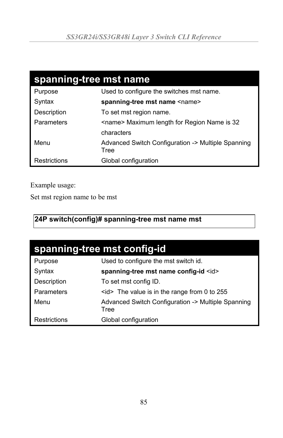 Spanning-tree mst name, Spanning-tree mst config-id | Amer Networks SS3GR24i User Manual | Page 91 / 154