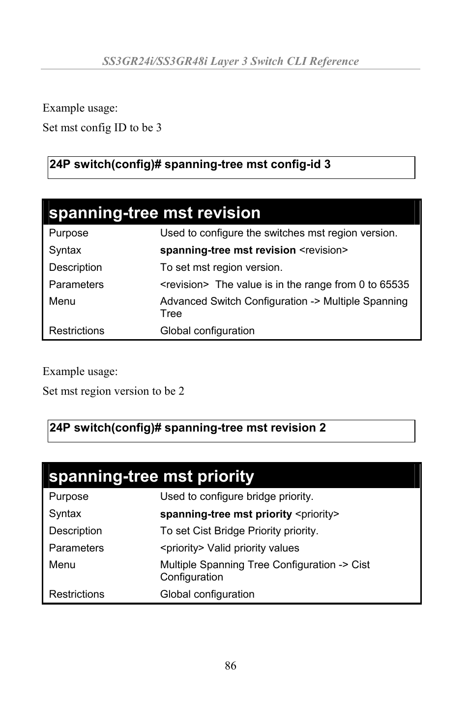 Spanning-tree mst revision, Spanning-tree mst priority | Amer Networks SS3GR24i User Manual | Page 92 / 154