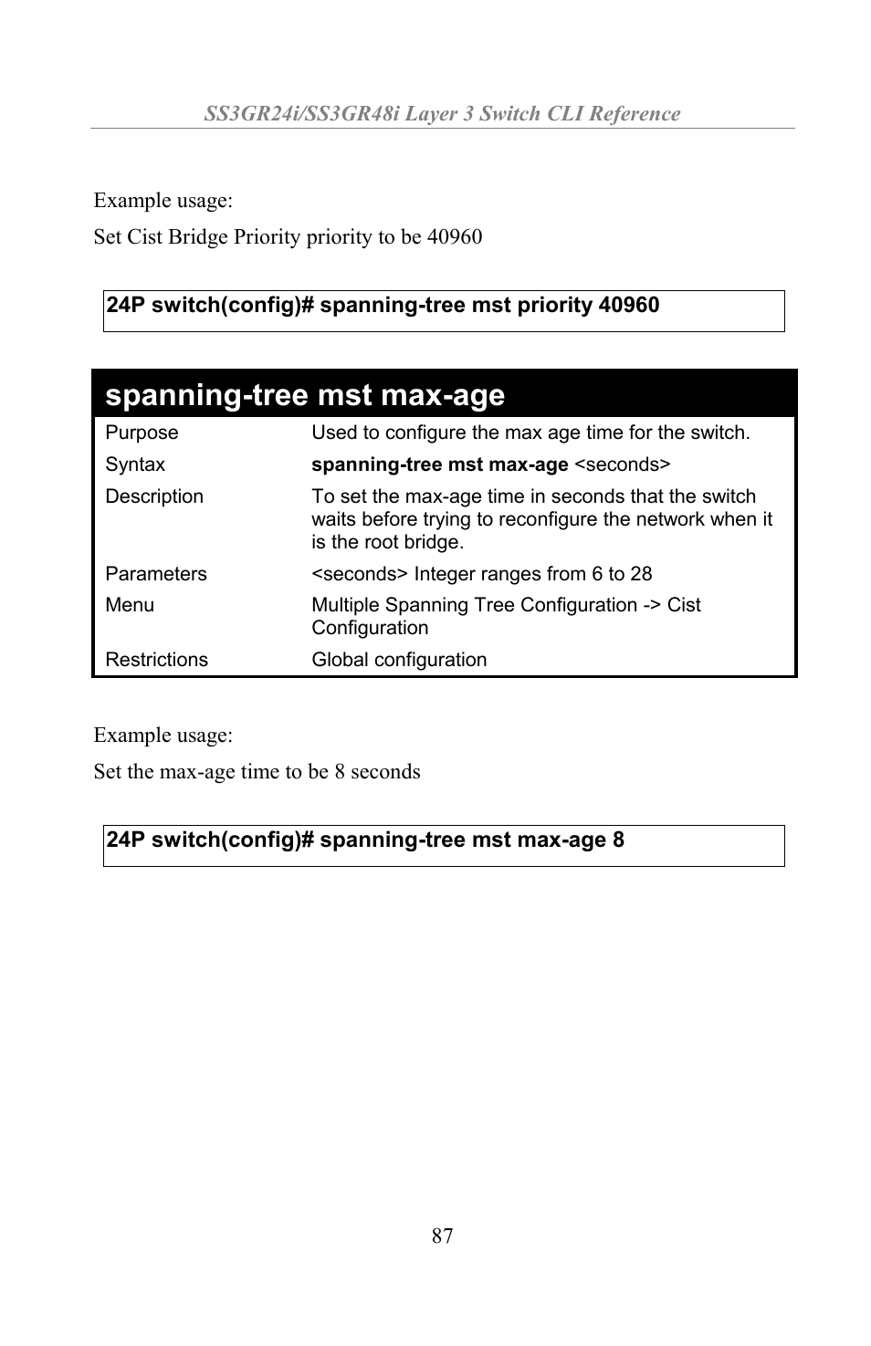 Spanning-tree mst max-age | Amer Networks SS3GR24i User Manual | Page 93 / 154