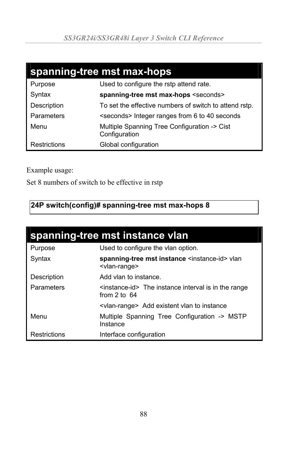 Spanning-tree mst max-hops, Spanning-tree mst instance vlan | Amer Networks SS3GR24i User Manual | Page 94 / 154