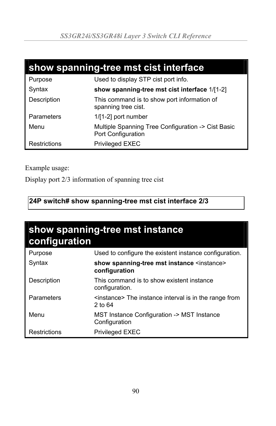 Show spanning-tree mst cist interface, Show spanning-tree mst instance configuration | Amer Networks SS3GR24i User Manual | Page 96 / 154