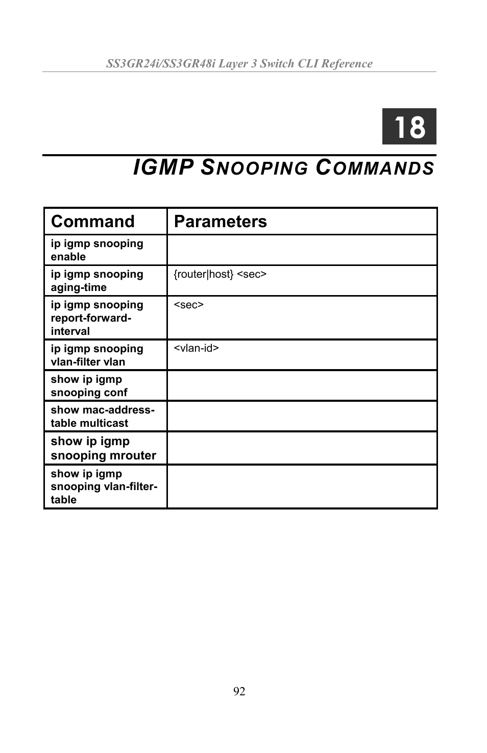 Igmp snooping commands, Igmp, Nooping | Ommands, Command parameters | Amer Networks SS3GR24i User Manual | Page 98 / 154