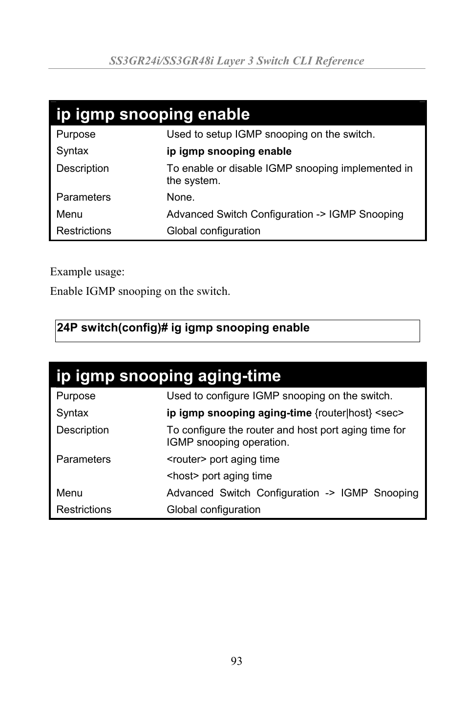 Ip igmp snooping enable, Ip igmp snooping aging-time | Amer Networks SS3GR24i User Manual | Page 99 / 154