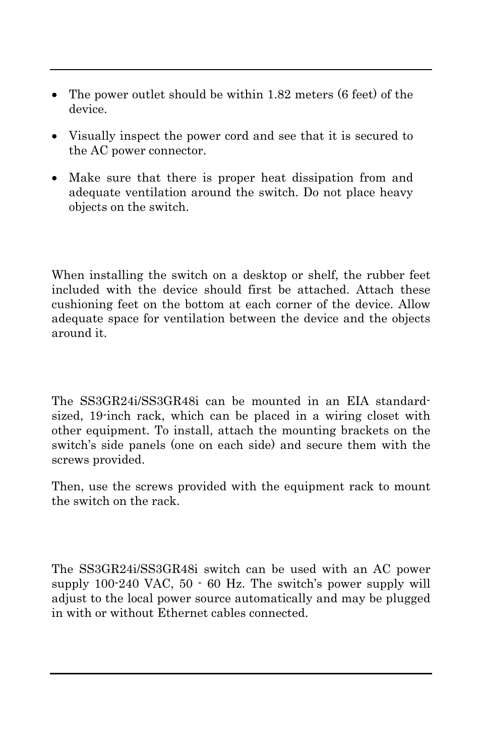 Desktop or shelf installation, Rack installation, Power on | Amer Networks SS3GR24i User Manual | Page 13 / 126