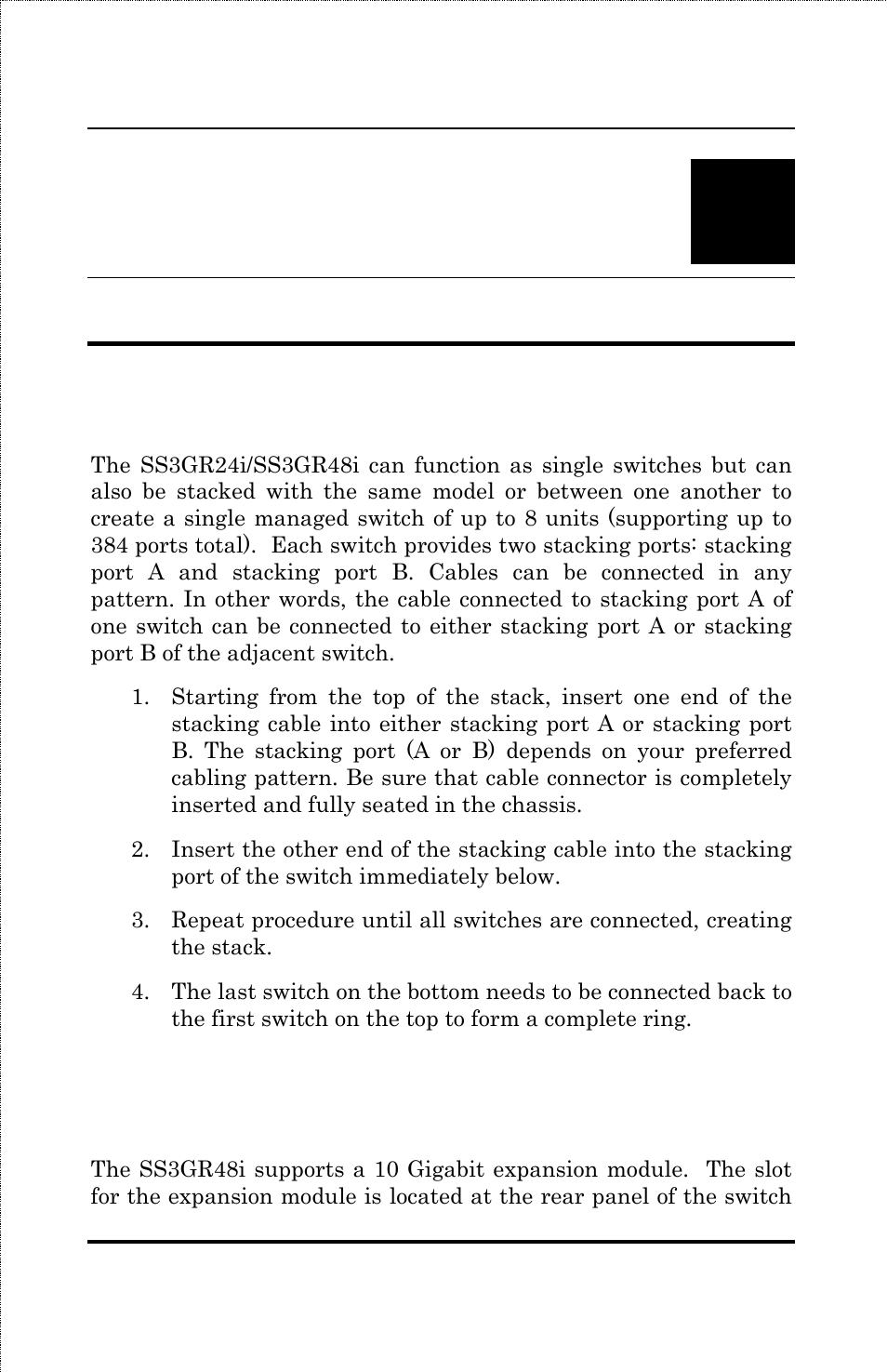 Connecting the switch, Switch stack configuration, 10 gigabit expansion module | Amer Networks SS3GR24i User Manual | Page 18 / 126