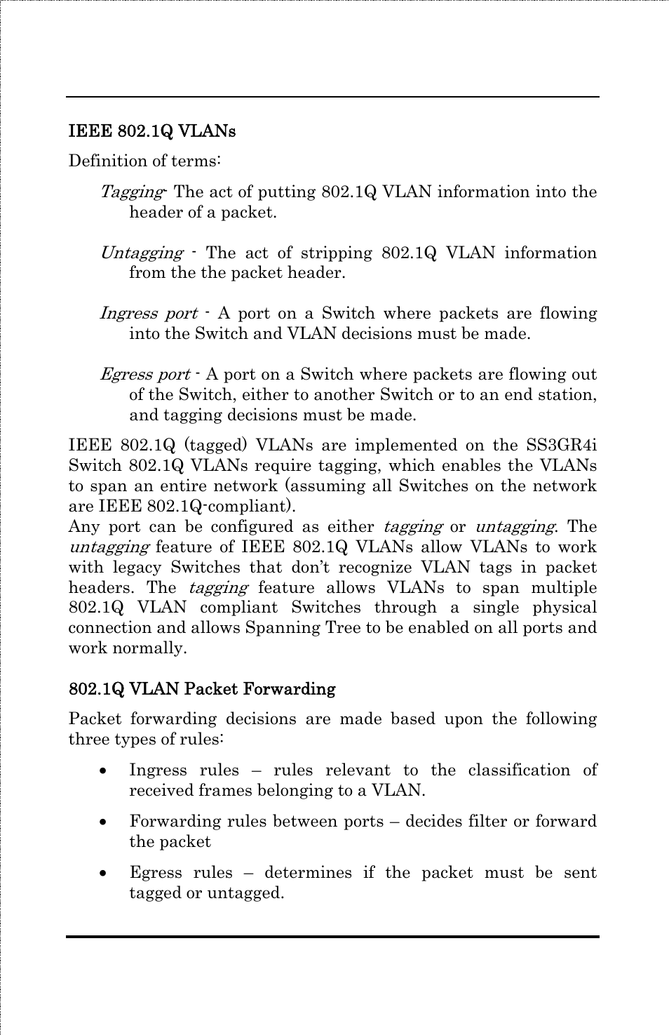 Ieee 802.1q vlans, 1q vlan packet forwarding | Amer Networks SS3GR24i User Manual | Page 34 / 126