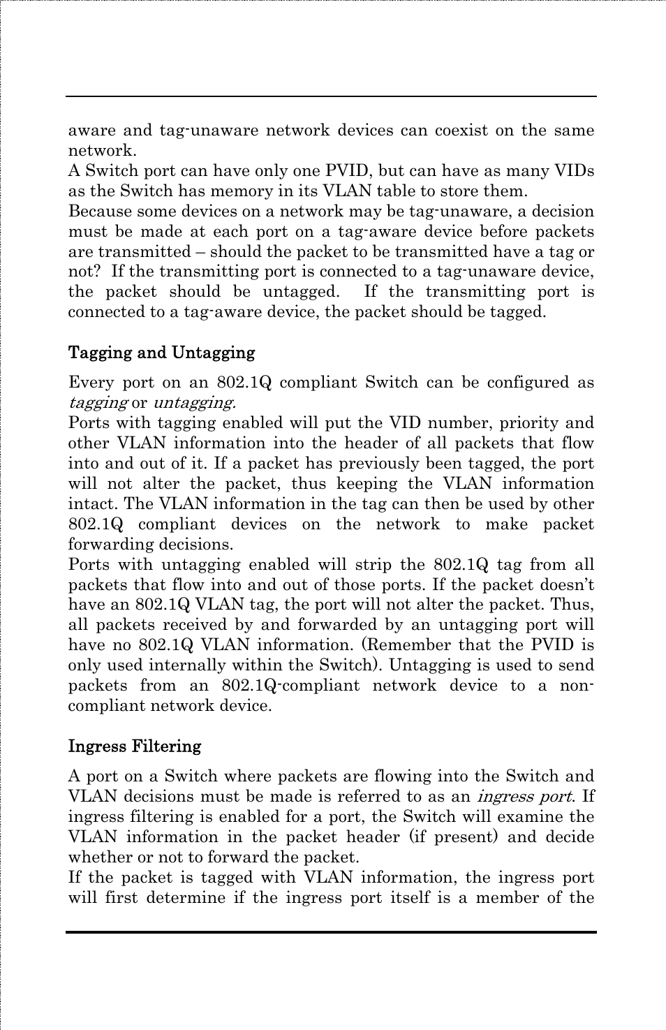 Tagging and untagging, Ingress filtering | Amer Networks SS3GR24i User Manual | Page 38 / 126