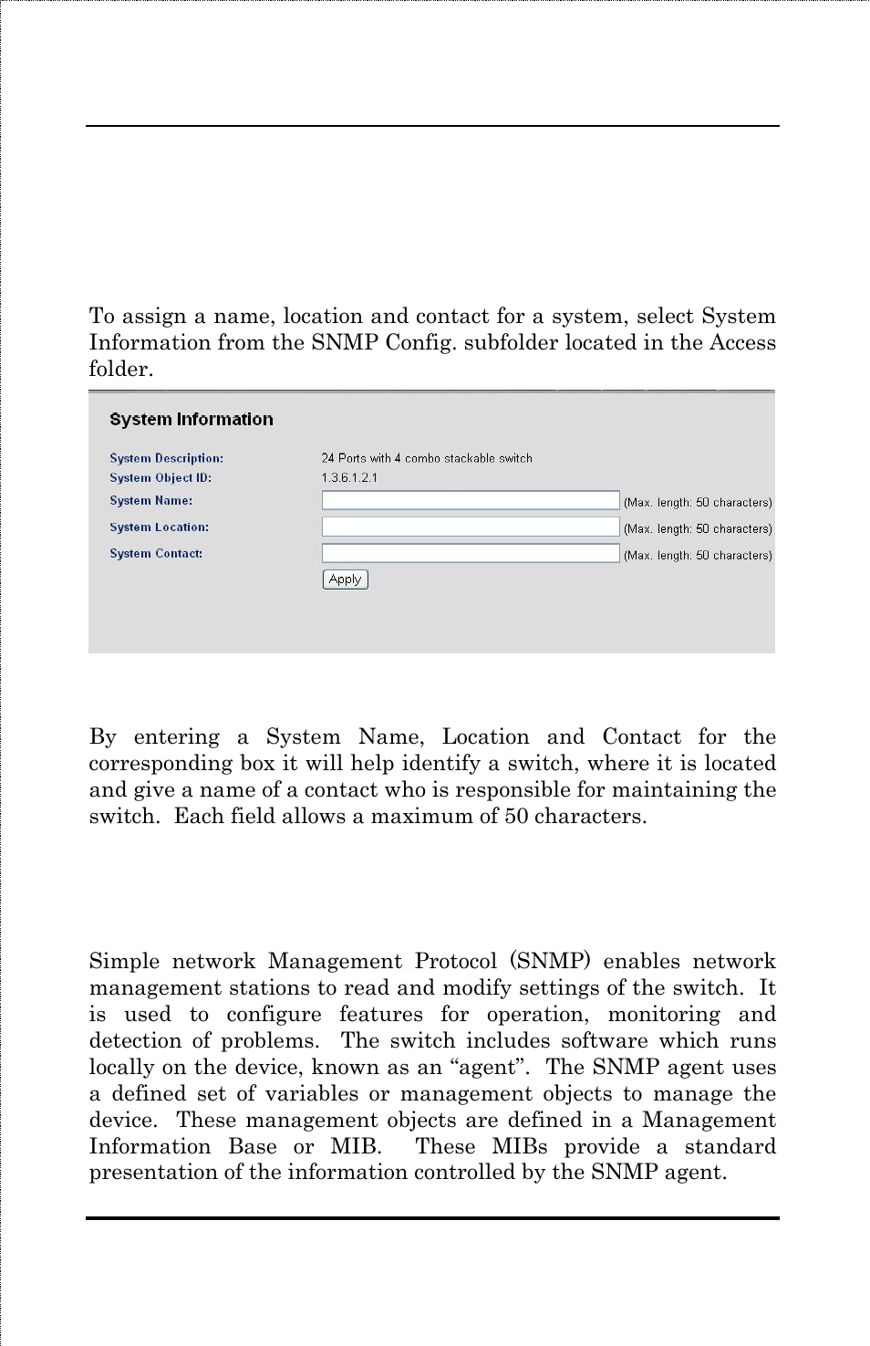 Snmp configuration, System information, Authorized managers | Amer Networks SS3GR24i User Manual | Page 62 / 126