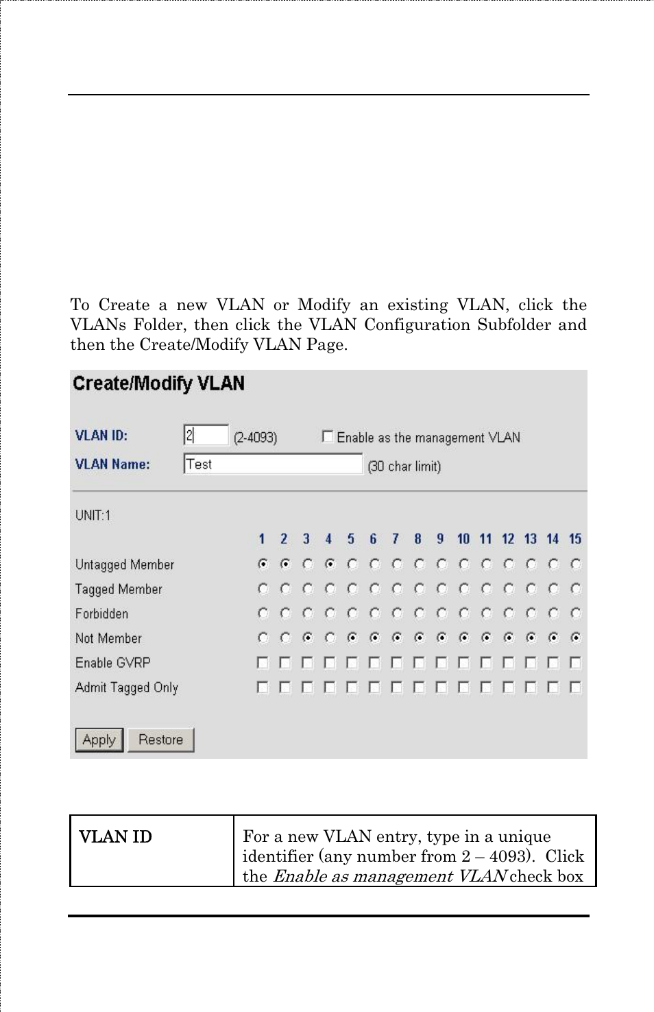 Vlans, Vlan config, Create/modify | Vlans vlan config | Amer Networks SS3GR24i User Manual | Page 85 / 126
