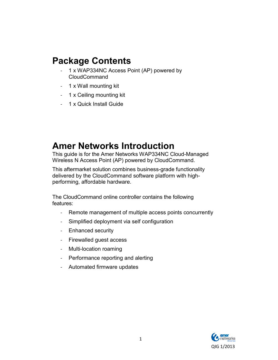 Package contents, Amer networks introduction | Amer Networks WAP334NC User Manual | Page 2 / 13