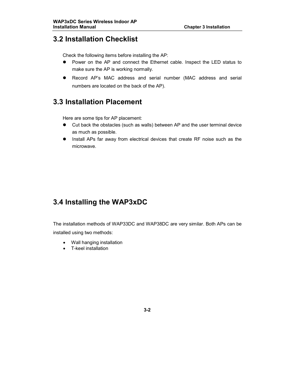 2 installation checklist, 3 installation placement, 4 installing the wap3xdc | Amer Networks WAP33DC User Manual | Page 8 / 17