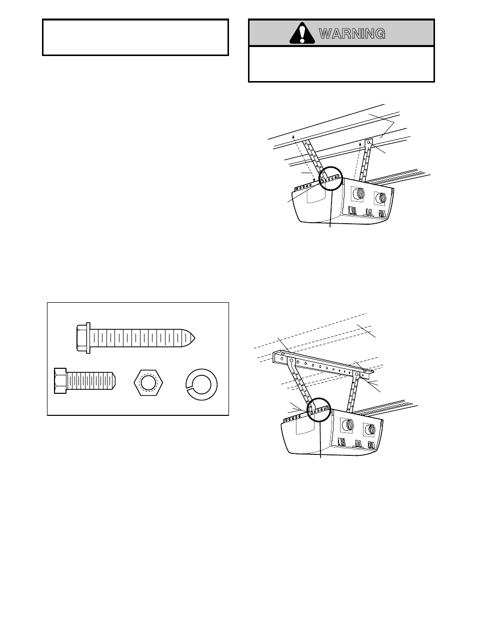 Hang the opener, Warning caution warning, Installation step 6 | Figure 1 figure 2 | Chamberlain SECURITY 4620 User Manual | Page 20 / 40