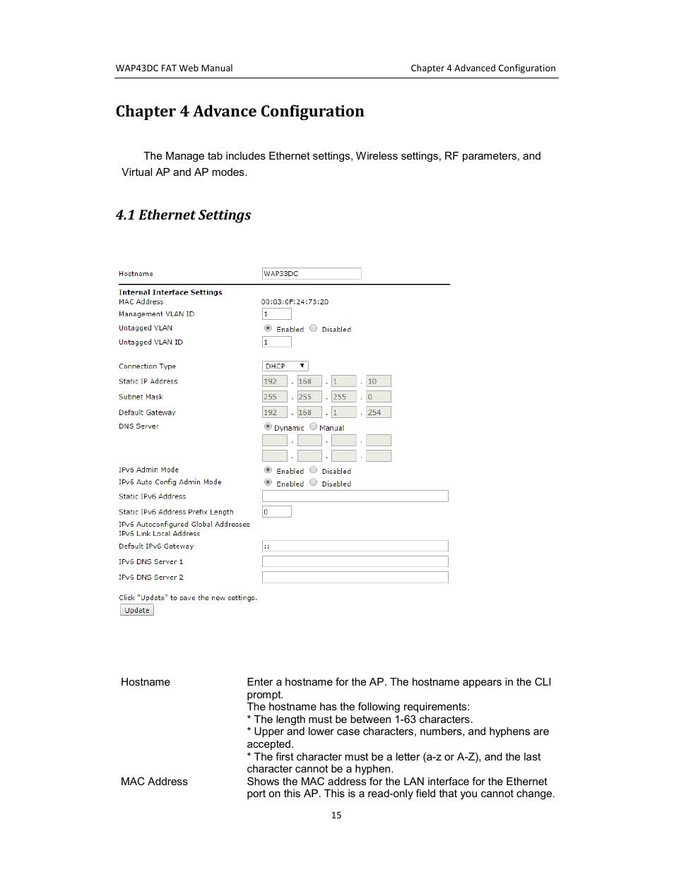 Chapter 4 advance configuration, 1 ethernet settings | Amer Networks WAP43DC Fat Web User Manual | Page 15 / 44