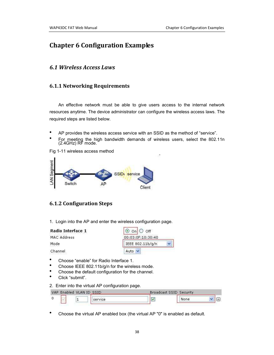 Chapter 6 configuration examples, 1 wireless access laws | Amer Networks WAP43DC Fat Web User Manual | Page 38 / 44