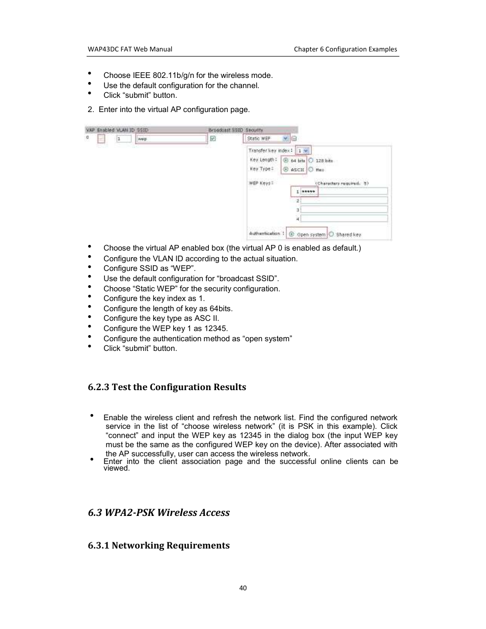 3 wpa2-psk wireless access, 3 test the configuration results, 1 networking requirements | Amer Networks WAP43DC Fat Web User Manual | Page 40 / 44
