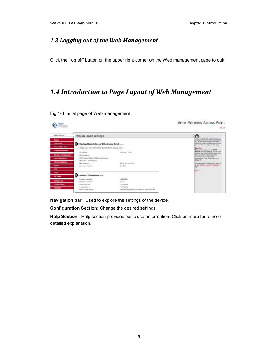 4 introduction to page layout of web management, 3 logging out of the web management | Amer Networks WAP43DC Fat Web User Manual | Page 5 / 44