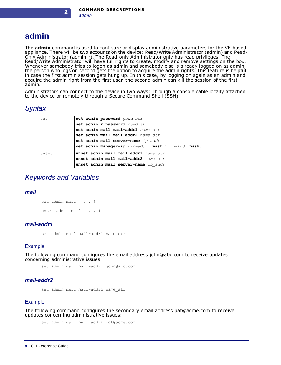 Admin, Syntax keywords and variables | Amer Networks WLO220T CLI User Manual | Page 11 / 103