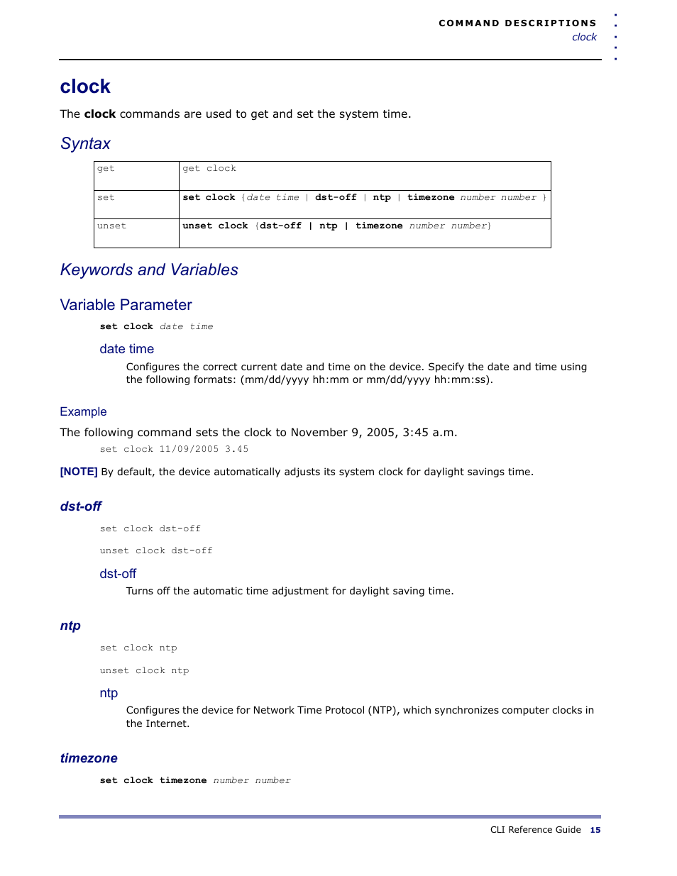 Clock, Syntax keywords and variables, Variable parameter | Amer Networks WLO220T CLI User Manual | Page 18 / 103