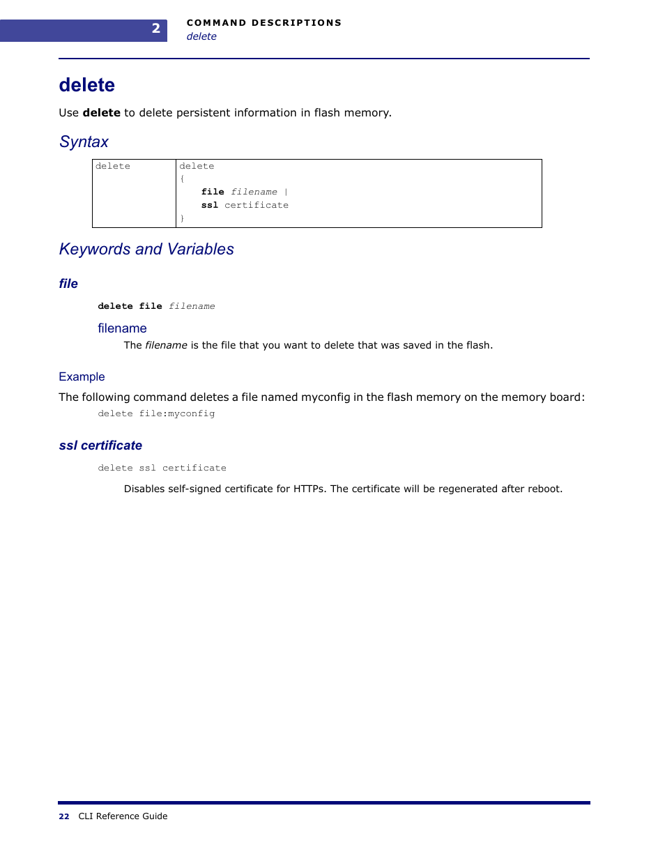 Delete, Syntax keywords and variables | Amer Networks WLO220T CLI User Manual | Page 25 / 103