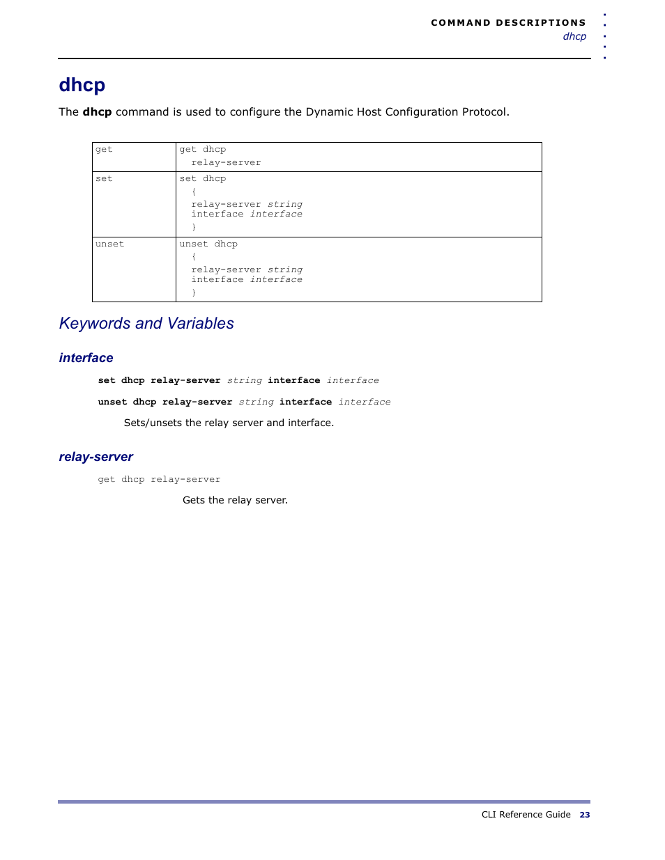 Dhcp, Keywords and variables | Amer Networks WLO220T CLI User Manual | Page 26 / 103