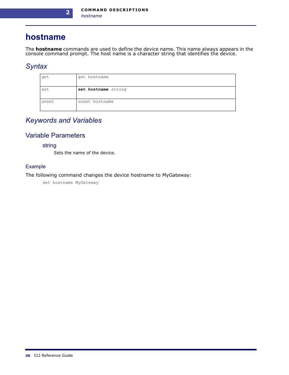 Hostname, Syntax keywords and variables, Variable parameters | Amer Networks WLO220T CLI User Manual | Page 39 / 103