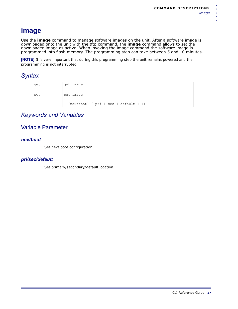 Image, Syntax keywords and variables, Variable parameter | Amer Networks WLO220T CLI User Manual | Page 40 / 103