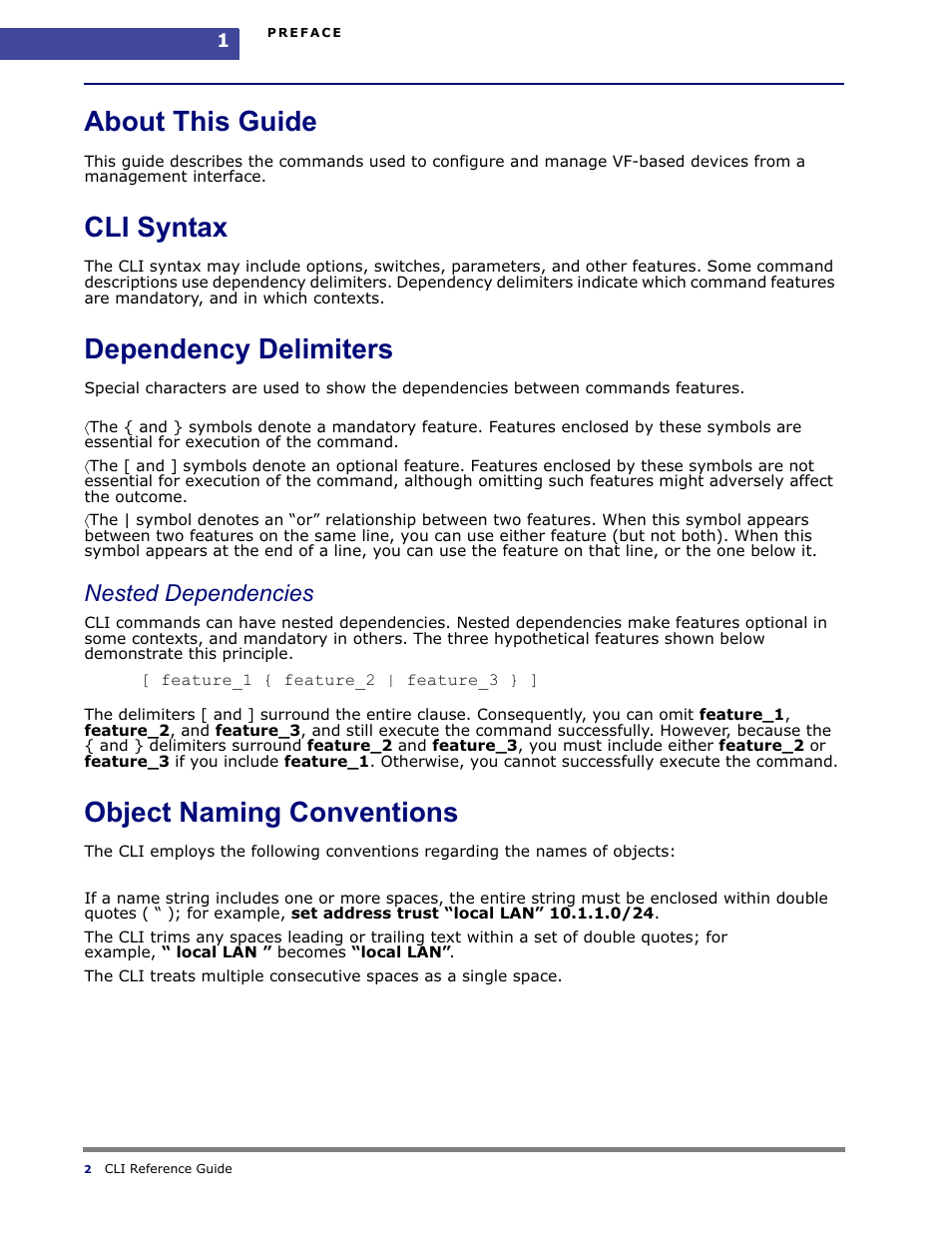 About this guide, Cli syntax, Dependency delimiters | Object naming conventions, Nested dependencies | Amer Networks WLO220T CLI User Manual | Page 5 / 103