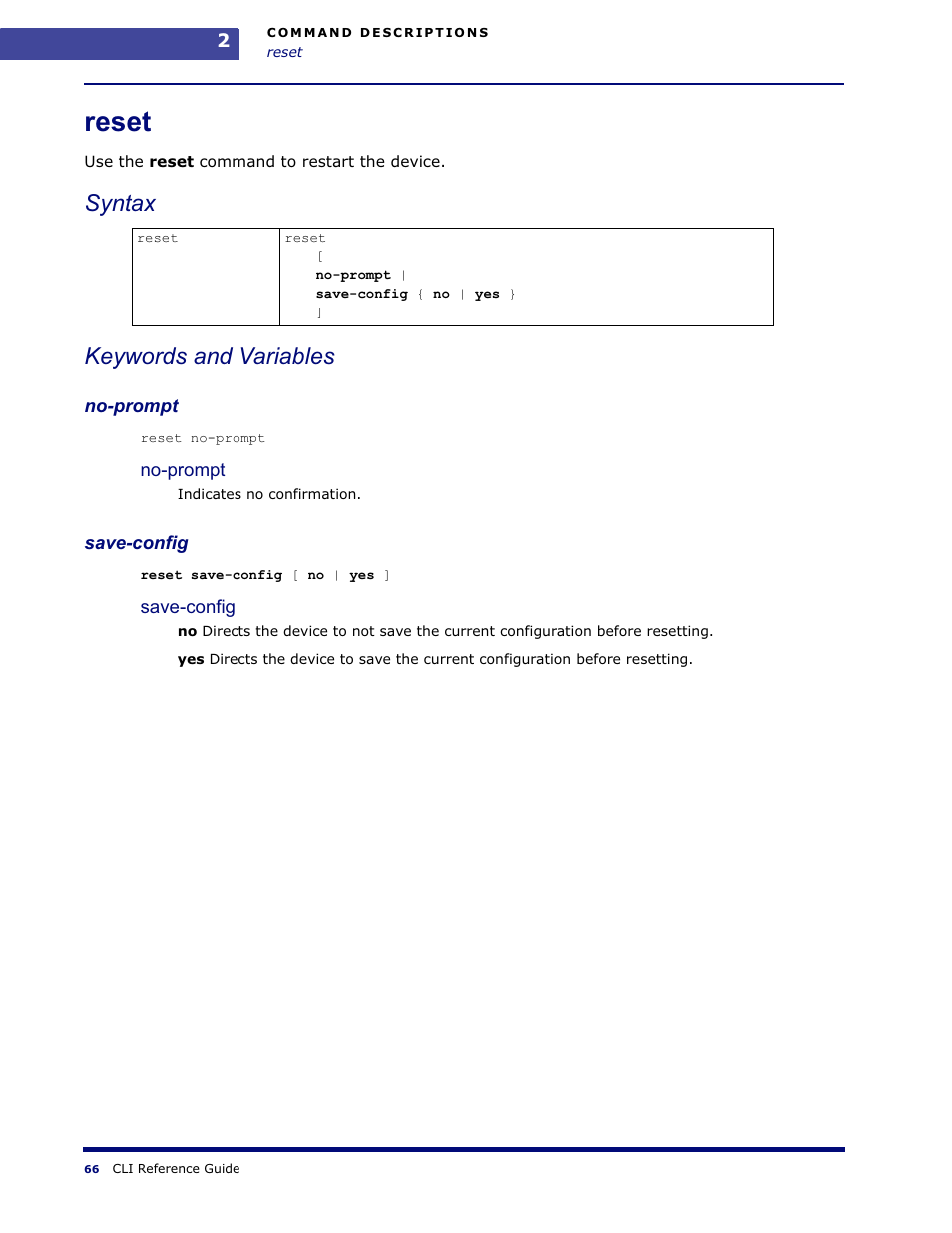 Reset, Syntax keywords and variables | Amer Networks WLO220T CLI User Manual | Page 69 / 103