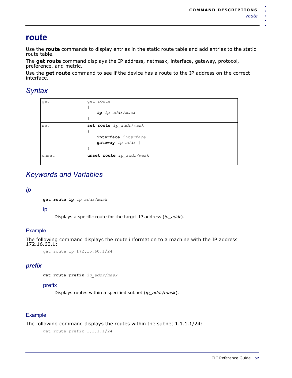 Route, Syntax keywords and variables | Amer Networks WLO220T CLI User Manual | Page 70 / 103
