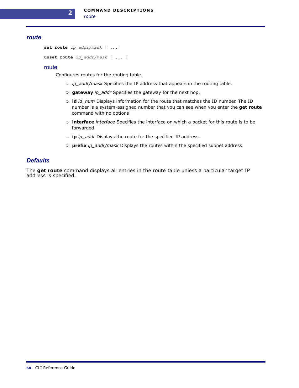 Route, Defaults | Amer Networks WLO220T CLI User Manual | Page 71 / 103