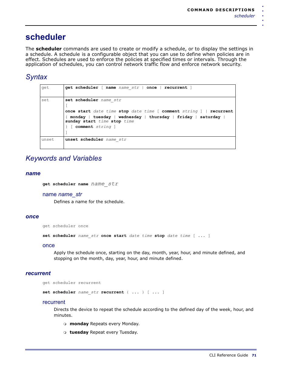 Scheduler, Syntax keywords and variables | Amer Networks WLO220T CLI User Manual | Page 74 / 103