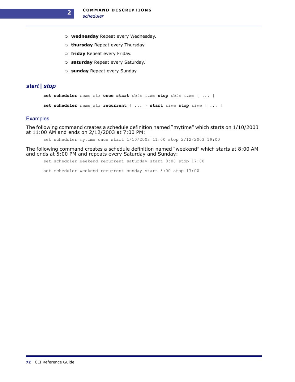 Start | stop, Examples | Amer Networks WLO220T CLI User Manual | Page 75 / 103