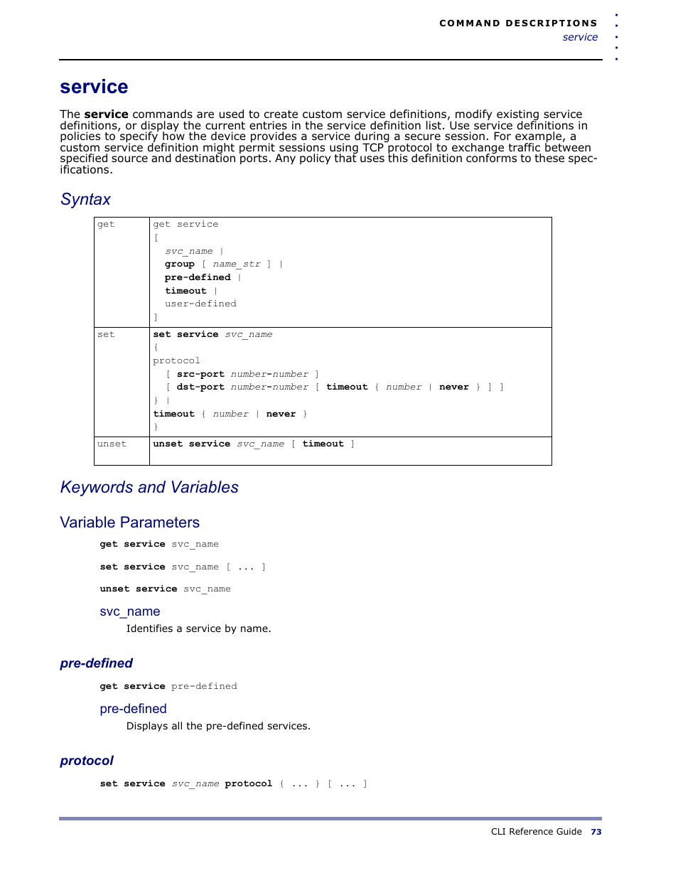 Service, Syntax keywords and variables, Variable parameters | Amer Networks WLO220T CLI User Manual | Page 76 / 103