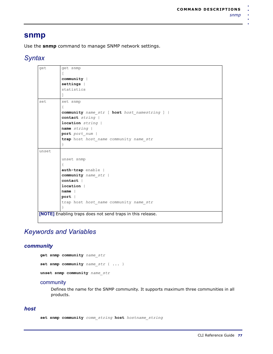 Snmp, Syntax keywords and variables | Amer Networks WLO220T CLI User Manual | Page 80 / 103