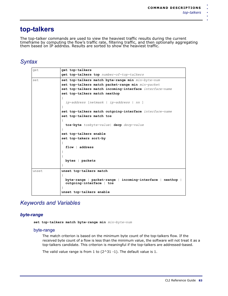 Top-talkers, Syntax keywords and variables | Amer Networks WLO220T CLI User Manual | Page 86 / 103