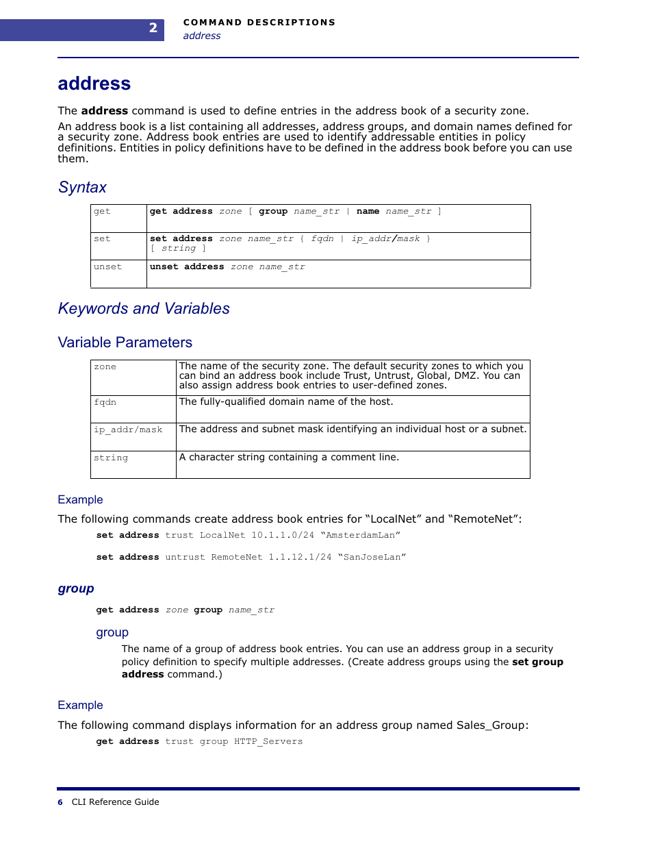 Address, Syntax keywords and variables, Variable parameters | Amer Networks WLO220T CLI User Manual | Page 9 / 103