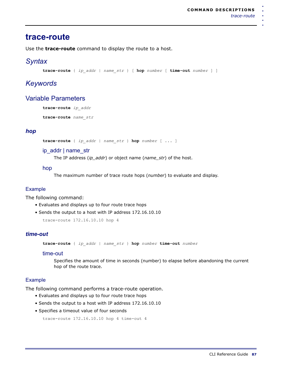 Trace-route, Syntax, Keywords | Variable parameters | Amer Networks WLO220T CLI User Manual | Page 90 / 103