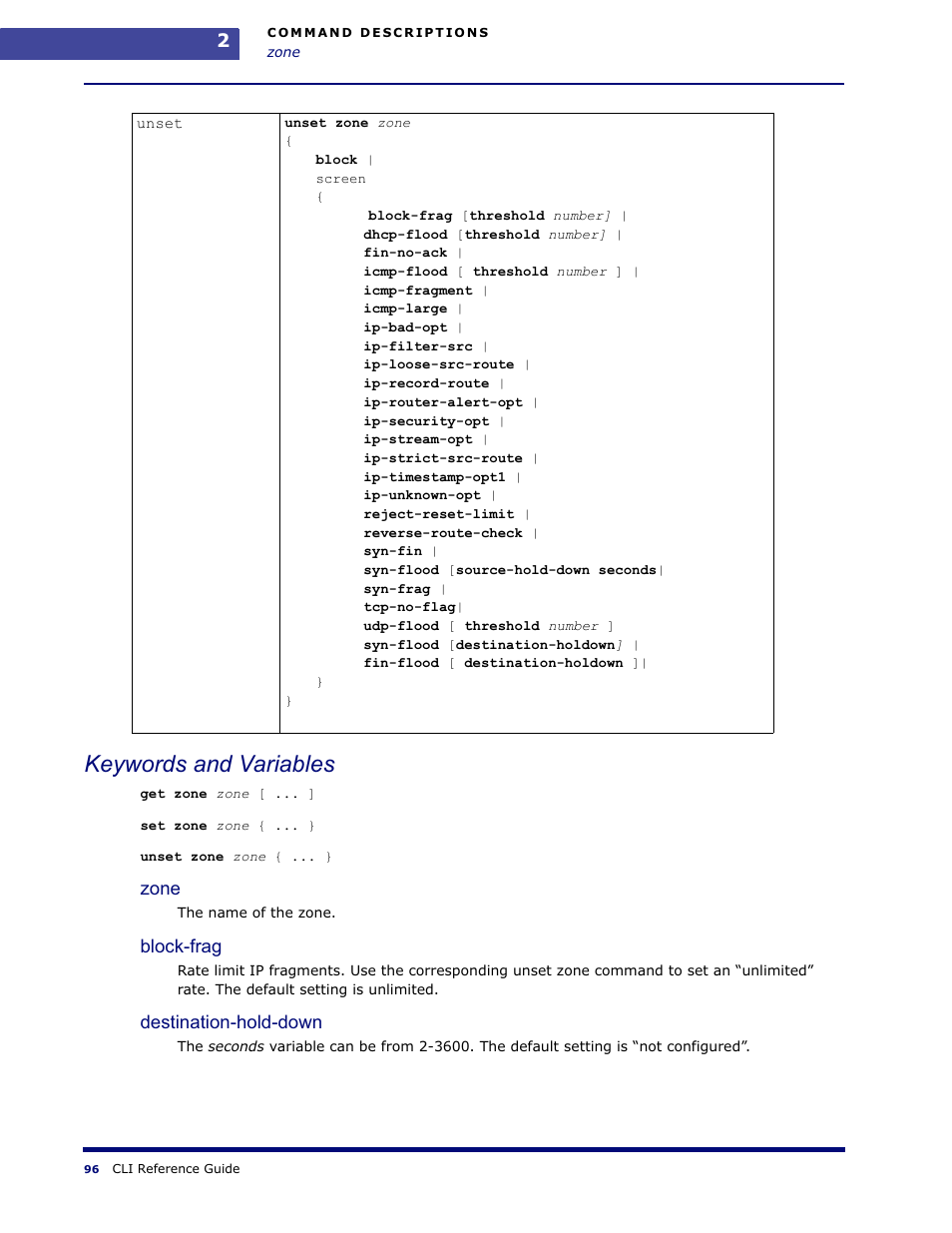 Keywords and variables, Zone, Block-frag | Destination-hold-down | Amer Networks WLO220T CLI User Manual | Page 99 / 103