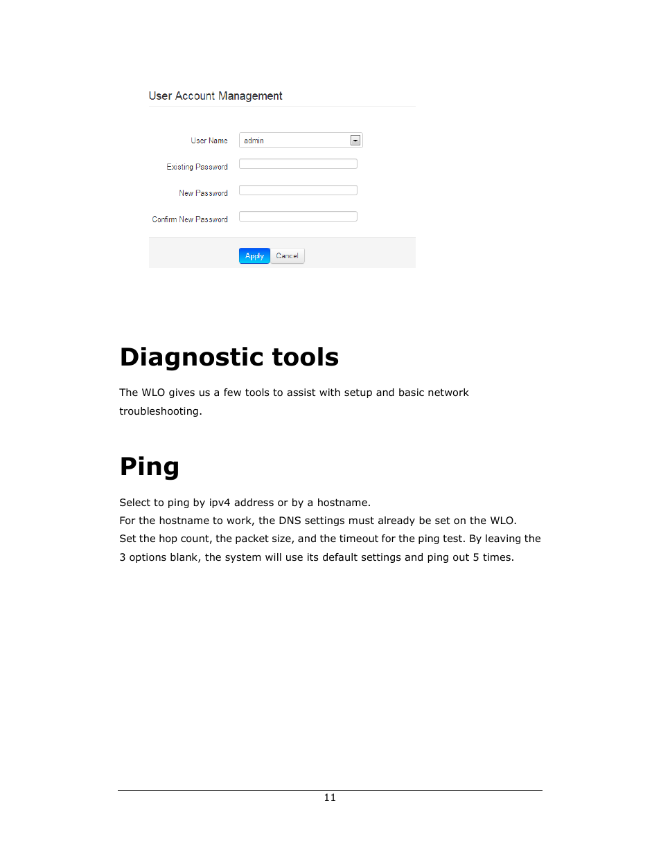 Diagnostic tools, Ping | Amer Networks WLO220T User Manual | Page 11 / 37