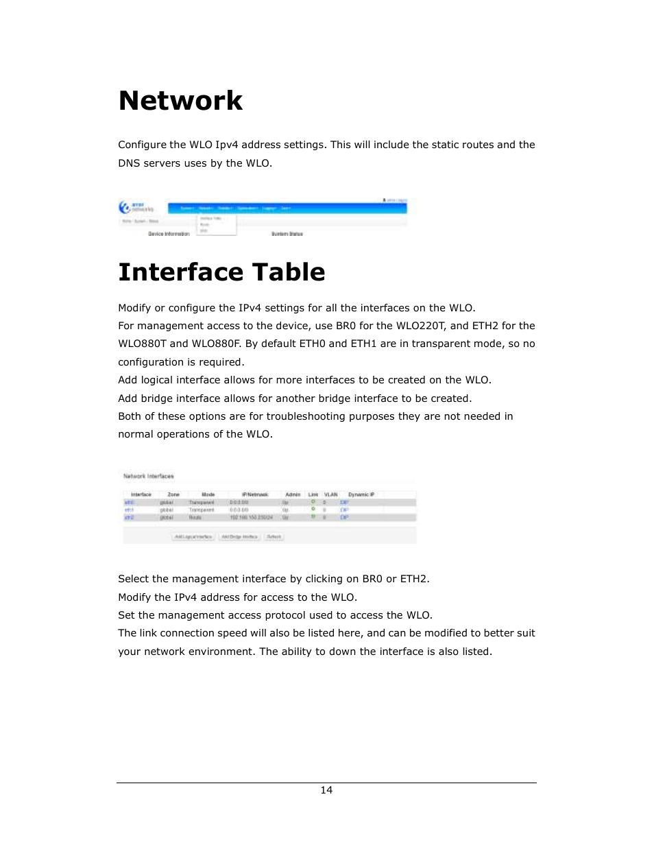 Network, Interface table | Amer Networks WLO220T User Manual | Page 14 / 37