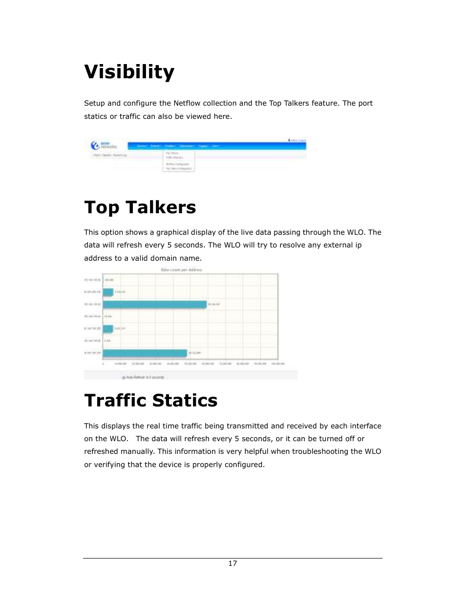 Visibility, Top talkers, Traffic statics | Amer Networks WLO220T User Manual | Page 17 / 37