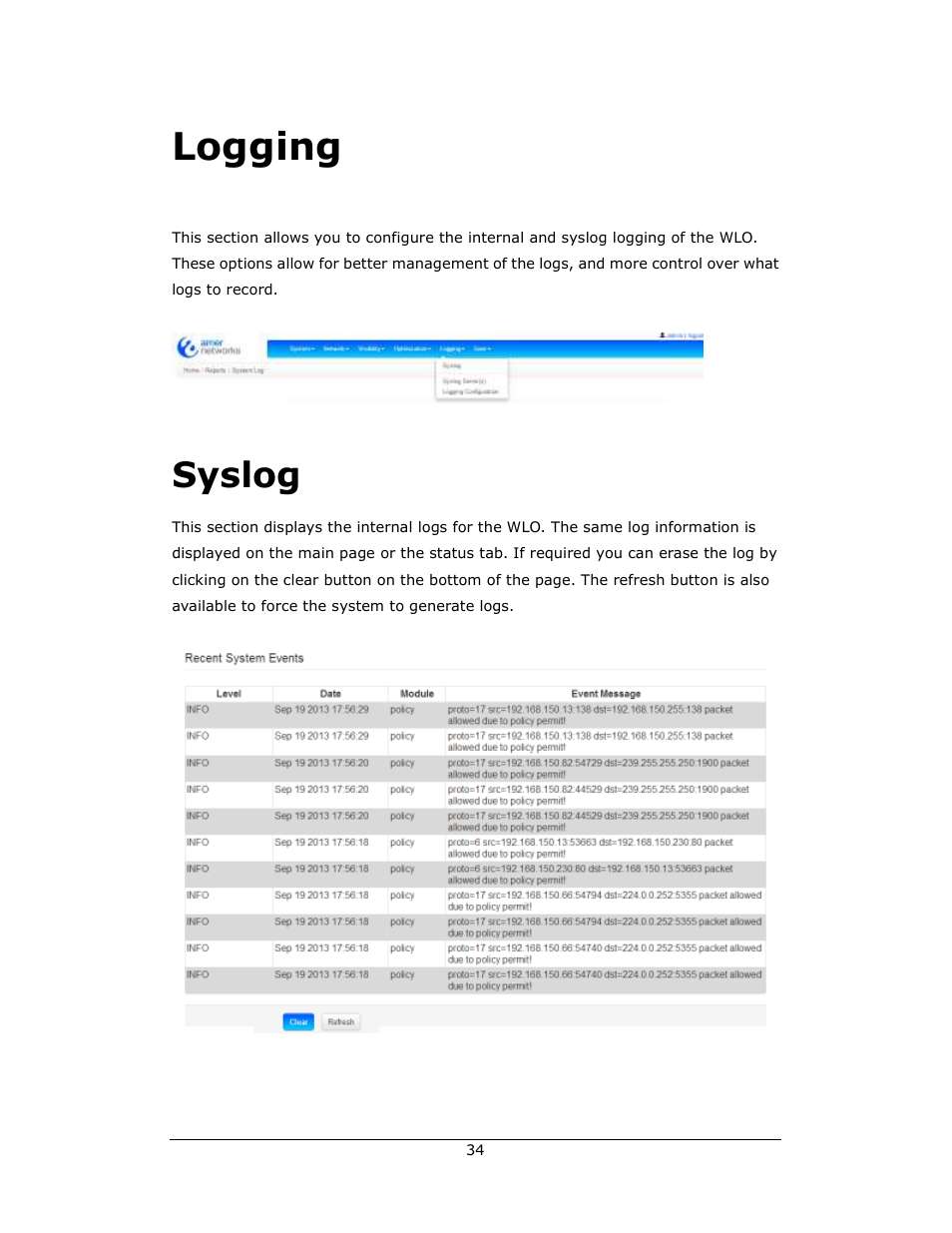 Logging, Syslog | Amer Networks WLO220T User Manual | Page 34 / 37