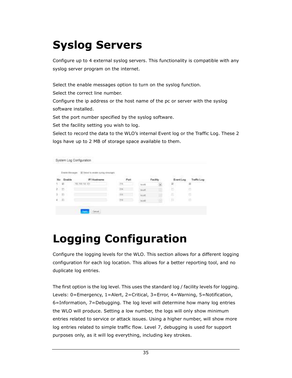 Syslog servers, Logging configuration | Amer Networks WLO220T User Manual | Page 35 / 37